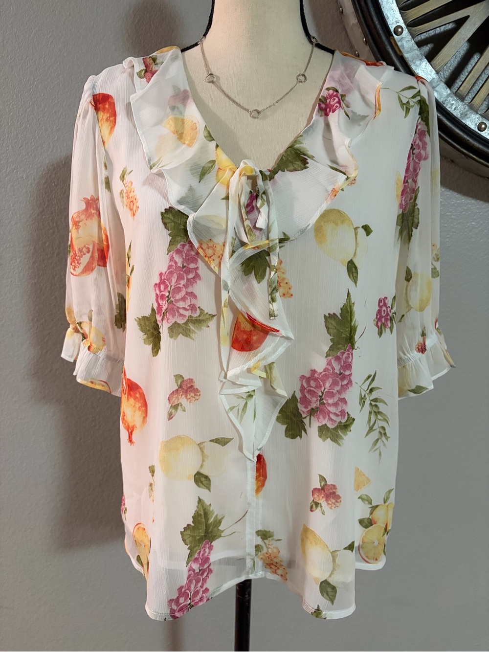 Rachel Zoe White Floral & Fruit Ruffle Tie-Front Blouse